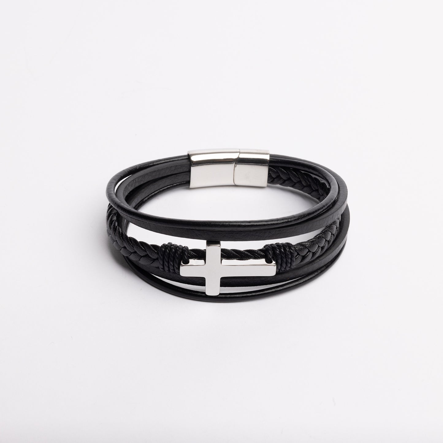 Silver Cross & Black Leather Bracelet